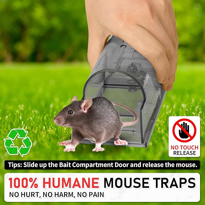 LULUCATCH Humane Mouse Traps 2 Pack, Live Mouse Traps, Catch Release Mouse Traps Indoor for Home, No Kill Mole Squirrel Rat Traps for House & Outdoors, Pet Safe, Grey