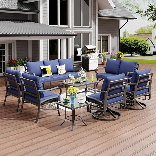 8 Piece Patio Furniture Set, 9 Seat Metal Outdoor Sectional Sofa Set with 2 Swivel Chairs, Patio Conversation Set with Thick Cushions and Coffee Table for Garden, Porch, Lawn, Blue