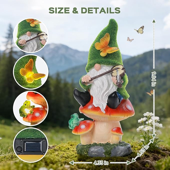 Ayadon Solar Gnome on Mushroom Stool Statue Decor, Gnome Figurines with Ambiance LED Light for Garden Decorations for Patio Lawn Balcony Fairy Gardens, Housewarming Gifts for Women Mom Grandma