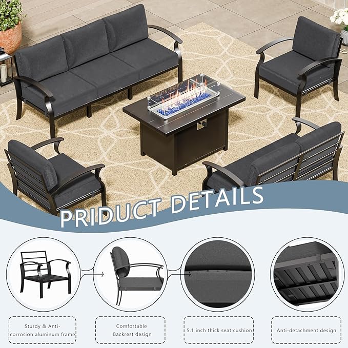 Aluminum Patio Furniture Set with Fire Pit Table, 7 Seats Outdoor Patio Conversation Set Modern Metal Patio Sectional Sofa with Upgrade Cushions for Patio, Backyard (Grey)