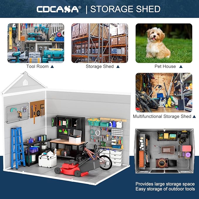 CDCASA 8x6 FT Resin Storage Shed, Waterproof Large Outdoor Sheds with Floor & 2 Adjustable Openable Windows Included, Outside Plastic Tool Shed for Backyard Patio Poolside Garden Lawn