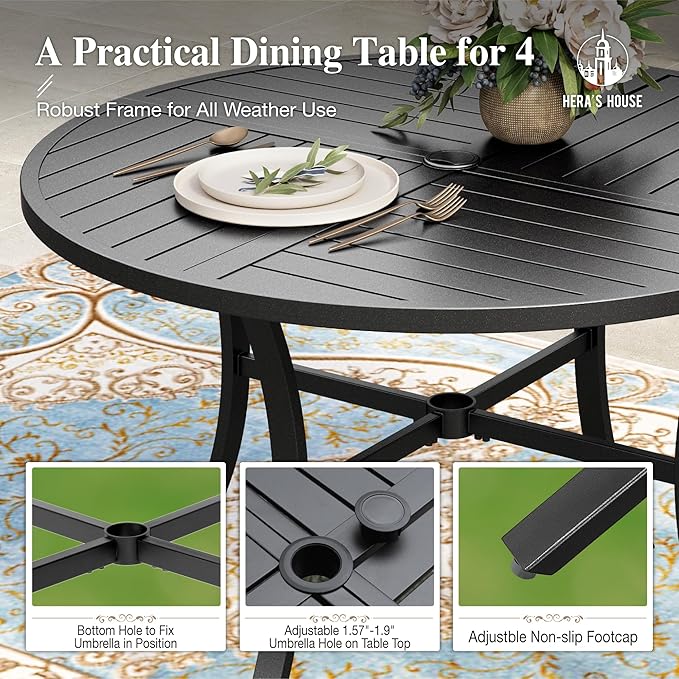HERA'S HOUSE 42" Round Patio Table with Umbrella Hole, Outdoor Dining Table for 4, Black Metal Table for Deck Lawn Garden Backyard