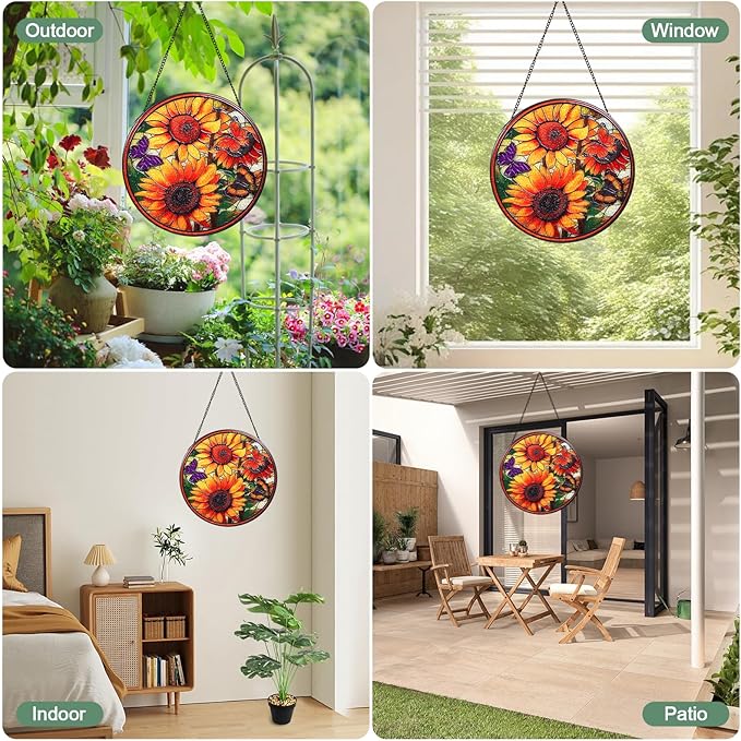 Wkyqes Sunflowers Handmade Stained Glass Window Hanging Suncatcher with Chain - 7.9" Outdoor/Indoor Art Decor for Home Garden, Wedding, Mother's, Valentine's & Christmas Ornaments Present