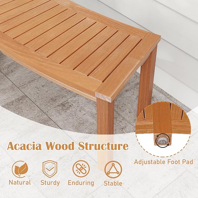 RELAX4LIFE Wooden Outdoor Curved Bench - Acacia Wood Garden Bench w/Slatted Seat, 2-Person Outside Backless Seating for Porch Backyard Deck Park, 800 LBS Load Capacity, Patio Fire Pit Bench (2, 58'')