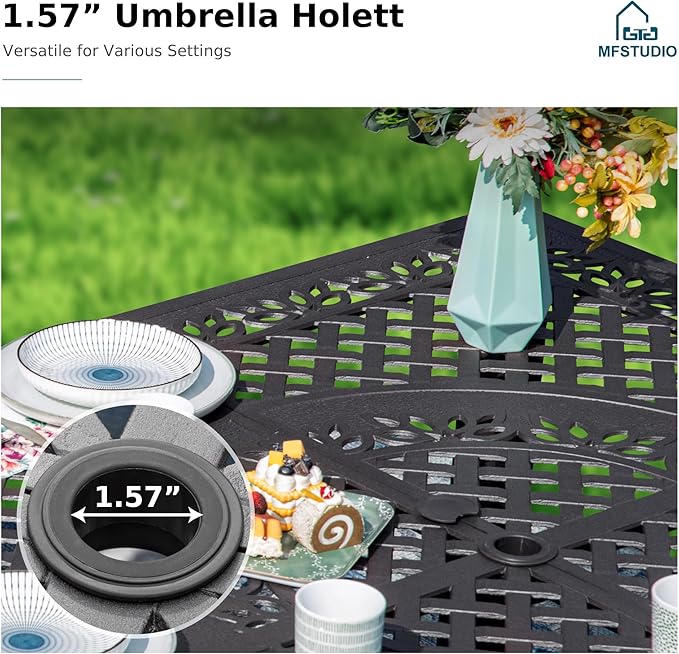 MFSTUDIO Cast Aluminum Outdoor Dining Table, 53" Square Patio Table with Umbrella Hole, Metal Aluminum Patio Dining Table for 8