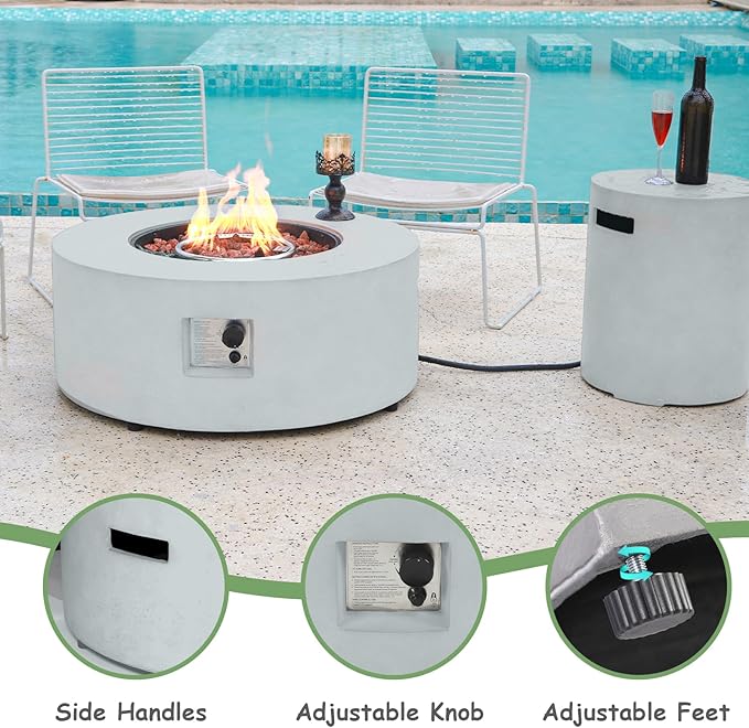 36 Inch Round Fire Pit Table,Propane Fire Pit Table Outdoor Firepit 2-Piece 50,000 BTU Gas Concrete Fire Pit Tank Cover CSA Certification w Lid,Lava Rocks, Rain Cover for Backyard & Deck