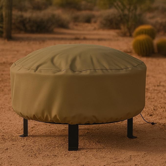 Sunnydaze Round Outdoor Fire Pit Cover - Heavy-Duty 300D Polyester and PVC with Drawstring Closure - Khaki - 36-Inch
