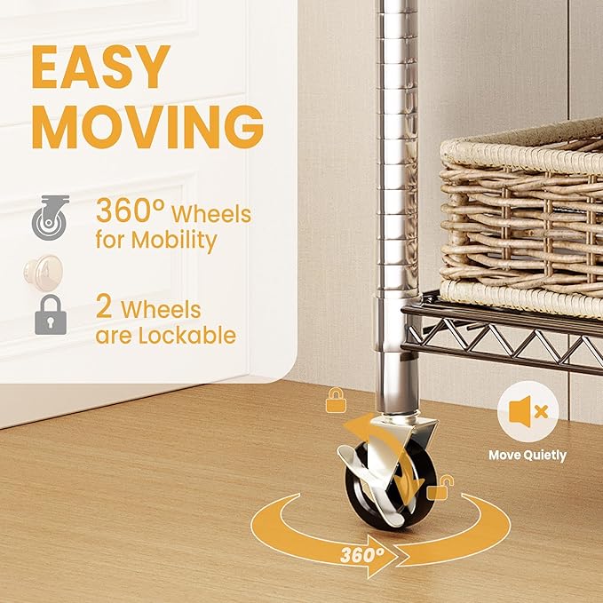 75" Clothes Rack with Wheels, 694LBS Load Heavy Duty Metal Garment Rack with 22 mm pipes, Freestanding Clothing Racks with Adjustable Storage Shelves Hanging Rod & Side Hooks for Hanging Clothes