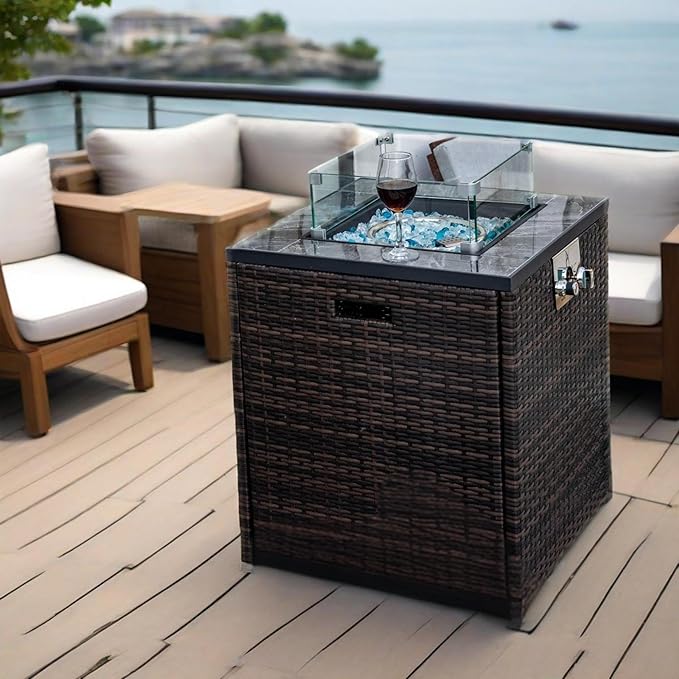 Propane Fire Pit Table, 24" Firepits for Outside, Gas Fire Pit for Outside Patio, Propane Fire Table w/Steel Lid, Rain Cover for Patio, 50000BTU, Tank Outside, Tank Not Included, Espresso