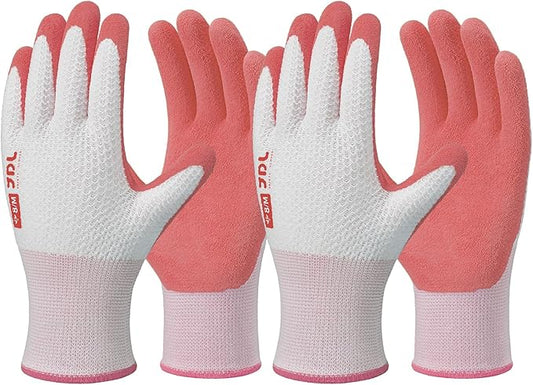 JDL Gardening Gloves for Women, 2 Pairs Breathable Latex Coated Yard Garden Gloves, Rubber Outdoor Protective Work Gloves with Grip, Pink, Small Size