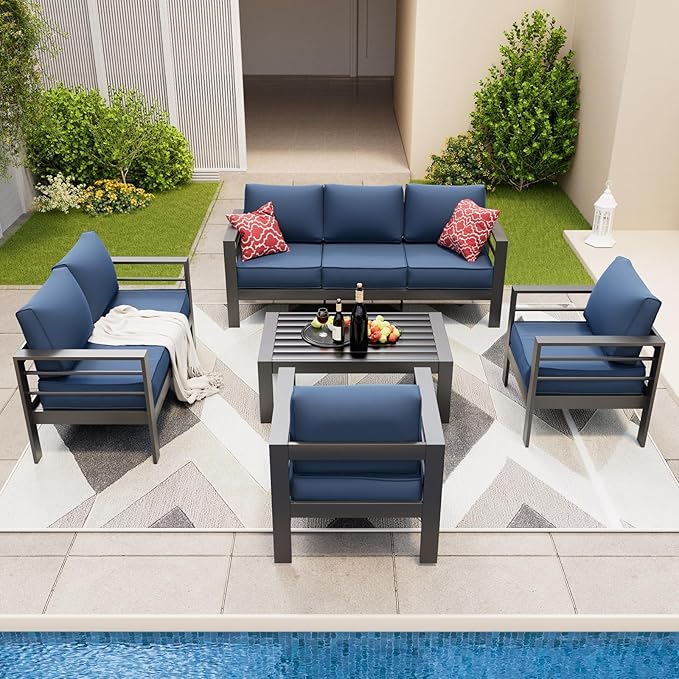 Amopatio Aluminum Patio Furniture, 8 Pieces Metal Outdoor Furniture Set, Modern Patio Sofa Sets Outdoor Sectional for Pool, Garden, Dark Grey&Blue (Included Waterproof Covers)