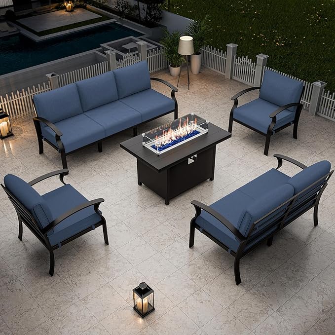 Aluminum Patio Furniture Set with Fire Pit Table, 7 Seats Outdoor Patio Conversation Set Modern Metal Patio Sectional Sofa with Upgrade Cushions for Patio, Backyard (Navy)