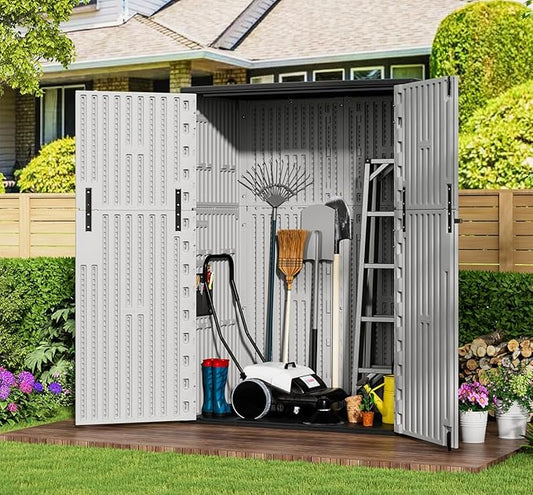 KINYING Outdoor Vertical Storage Shed,57 Cu.ft Outdoor Storage Cabinet Waterproof,Resin Sheds & Outdoor Storage for Garden,Patio,Backyard,Lockable (Grey Color)