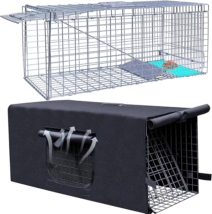 Rockever Live Animal Trap Cage with Cover, Cat Trap for Stray Cats 37 Inch Heavy Duty Folding Skunk Traps with Real Door for Raccoons, Opossums, Groundhogs, Skunks, Feral Cats, Squirrels