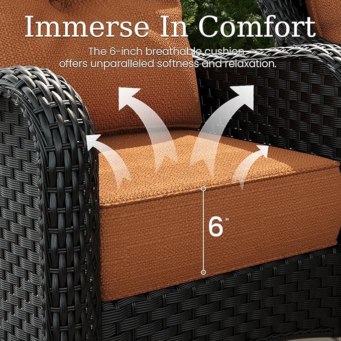9 Piece Patio Furniture Set, All-Weather Wicker Outdoor Conversation Set with Swivel Rocking Chair and 6 Inch Thick Cushions
