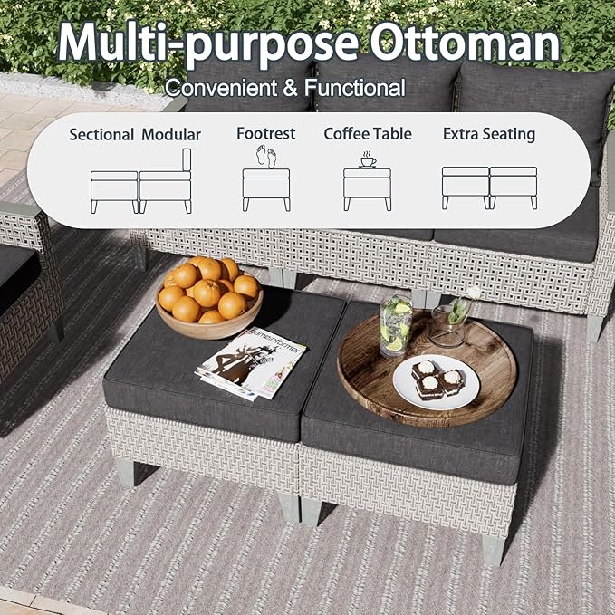Outdoor Patio Furniture Set 7-Piece Modular Wicker Sectional Sofa with Ottomans and Thick Cushions, Modern Rattan Outdoor Conversation Couch for Garden Backyard, Black