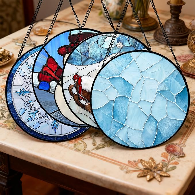 AMDERVEN Stained Glass Window Hanging 4 Pcs Set Blue White Christmas Snowman Snowflake 9.8" - Suncatcher Door Garden Sun Catcher Decor Birthday Mother's Day Xmas Gifts for Mom Woman Nana Men