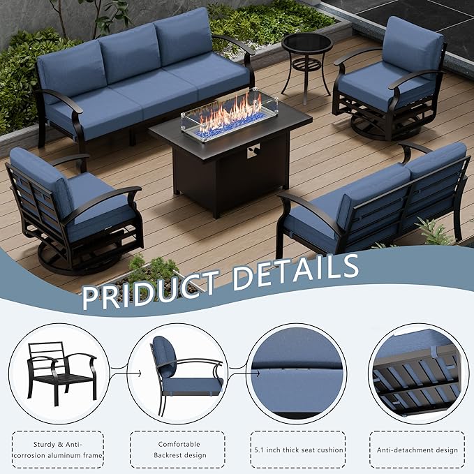 Aluminum Patio Furniture Set with Fire Pit Table, 7 Seats Outdoor Patio Conversation Sets with Swivel Chair Modern Metal Patio Sectional Sofa with Upgrade Cushions for Patio, Backyard Navy