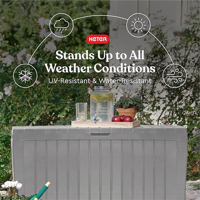 Keter Marvel Plus 71 Gallon Resin Outdoor Storage Box for Patio Furniture Cushions, Throw Pillows, Garden Tools and Pool Floats, Light Grey