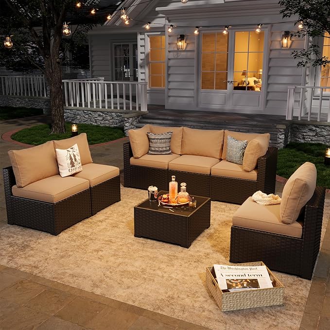 Aoxun 10 Piece Patio Furniture Set Wicker Rattan Patio Sectional Sofa Set Outdoor Seating Furniture with Thickened Cushion, Beige