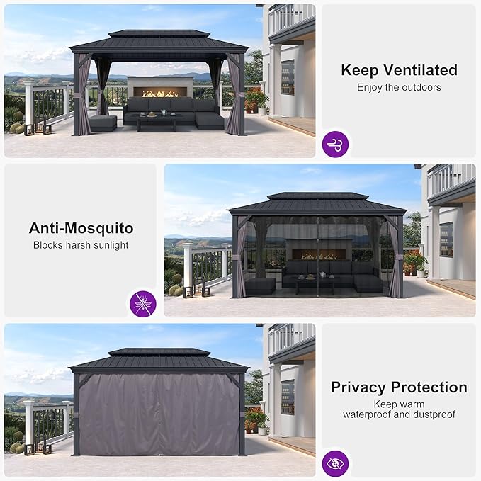 PURPLE LEAF 11' X 15' Hardtop Gazebo Aluminum Gazebo with Galvanized Steel Double Roof for Patio Lawn and Garden Curtains and Netting Included Grey