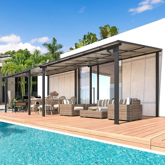 AECOJOY 10' x 24' Gazebo for Patio, Large Wall-Mounted Hard Top Lean-to Gazebo Pergola with Roof 24' x 10' on Clearance, Heavy Duty Patio Awnings for Decks, Backyard