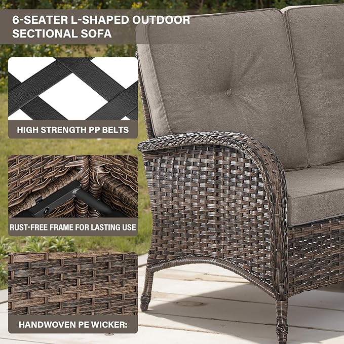 Belord Outdoor Furniture Set - 6 Pieces Patio Conversation Sectional Sofa Set with Swivel Rocker Outdoor Chairs Set of 2 and Wicker Coffee Table for Deck Backyard Sunroom Brown