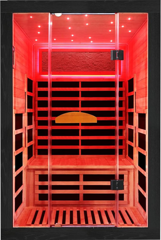 Infrared Home Sauna Room 2 Person Hemlock Sauna with 2000W /110V Heaters 8 Panels, Tempered Glass Design, Red Light Therapy, Bluetooth Music Player for Indoor & Outdoor Use, LED Rainbow Lights