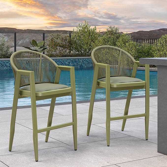 PURPLE LEAF Outdoor Bar Stools Set of 2 - Wicker Woven Height Chairs, Aluminum Barstool for Patio Kitchen Island Lawn, Green