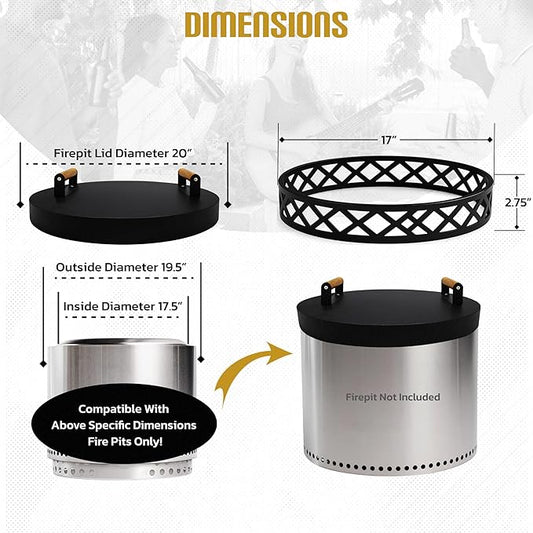 FEBTECH - Smokeless Fire Pit Accessories Combo – 17" Carbon Steel Base, 20" Lid with 2 Wooden Handles – Bonfire Fireplace Tools for Camping, Patio, Backyard - Solo Stove Accessories