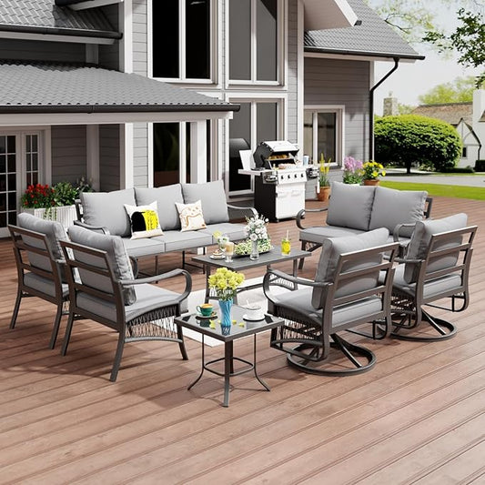 8 Piece Patio Furniture Set, 9 Seat Metal Outdoor Sectional Sofa Set with 2 Swivel Chairs, Patio Conversation Set with Thick Cushions and Coffee Table for Garden, Porch, Lawn, Grey