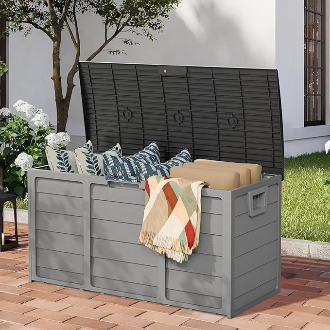 75 Gallon Outdoor Deck Storage Box, Patio Resin Deck Storage Container, Store Cushion and Sundry Things (Grey)