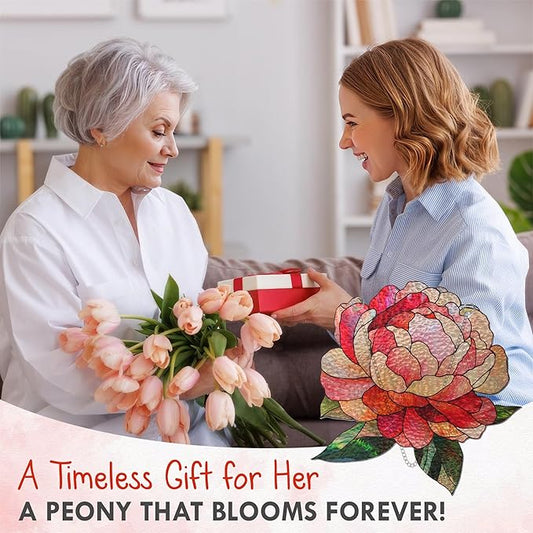 FLAGWIX Christmas Peony Flowers Gifts for Grandma - Stained Glass Window Hanging 10 in - Birthday Gifts for Women Mom, Grandma Gift, Peony Sun Catchers Indoor Window, Suncatchers Christmas Decorations