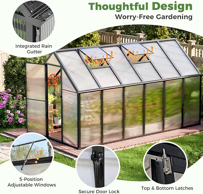 12x6 FT Outdoor Greenhouse, Easy Assembly Large Aluminum Polycarbonate Kit, 2 Vent Windows, Swing Door, Walk-in, for Outside, Sunroom, Backyard, Garden