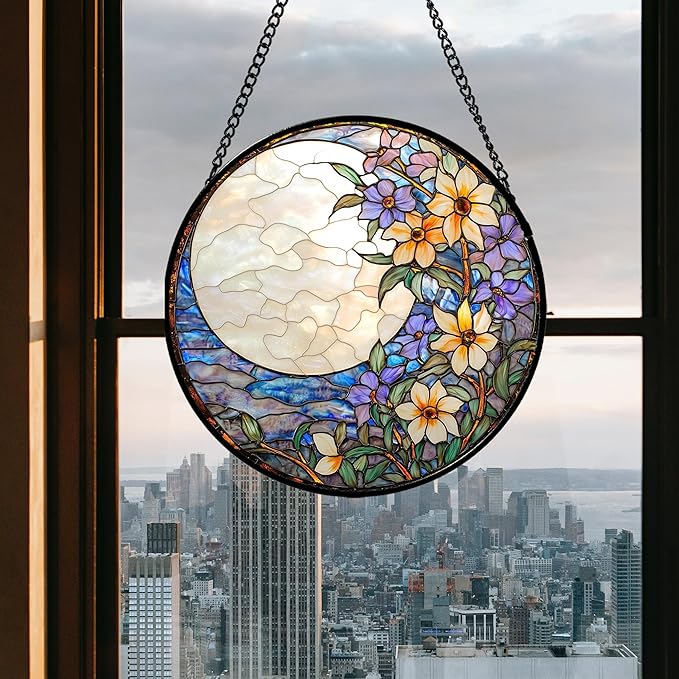 JOSUMALY Stained Glass Window Hanging - White Purple Moon Flowers Suncatcher for Door Terrace Garden Home Decor Landscape Sun Catcher Birthday Gifts for Lovers Women Men Dad Mom Nana 15 in