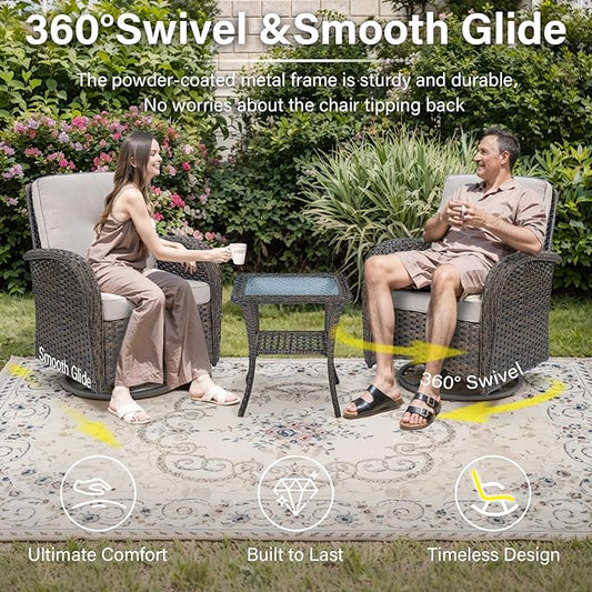 5 Piece Swivel Rocker Glider Outdoor Chairs Set of 2 with Ottoman and Glass Side Table Patio Bistro Furniture Set, Comfort High Back Wicker Patio Conversation Set for Deck Porch Sunroom