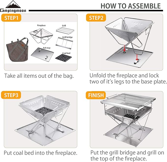 CAMPINGMOON 3-in-1 Portable Stainless Steel Wood Burning Grill and Fire Pit 14x15.35-inch with Carrying Bag MT-035