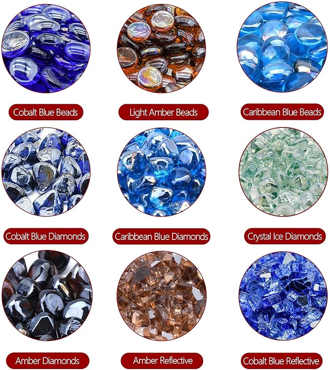 GasSaf Blue Fire Glass Beads for Outdoor Fire Pit, Fireplace, Replaces Existing Gas Logs & Lava Rocks, 3/4 Inch Glass(20 Pound)(Caribbean Blue Luster)