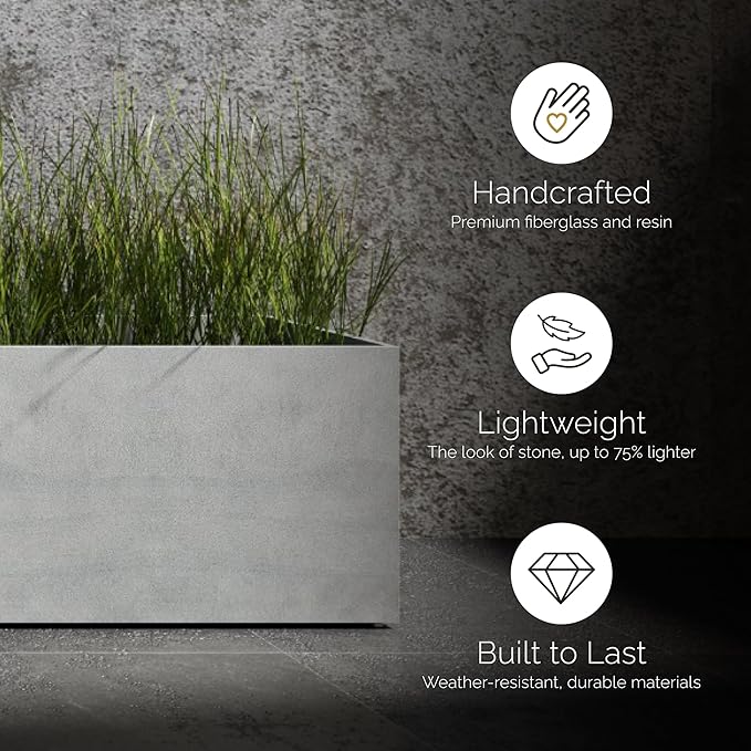 Semplito Grand Rectangular Planter – Grey Stone Finish – Fiberglass Indoor/Outdoor, Weather-Resistant XL Planter (59" L x 19.7" W x 23.6" H Exterior, 58.7" L x 19.3" W Interior)