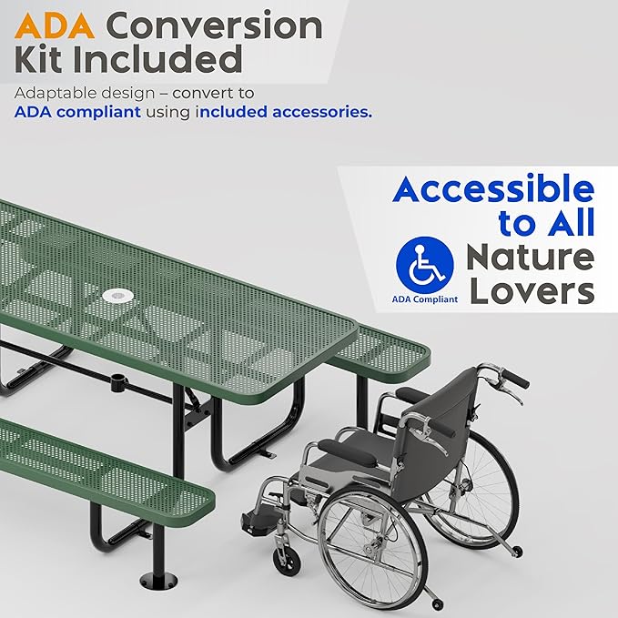 OUTTANS Commercial Heavy-Duty Metal Picnic Table - ADA Compliant, Adjustable Seats, Umbrella Hole (Green, 6' Rectangular, Punched Steel)