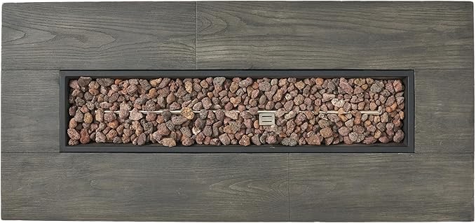 Outdoor Propane Fire Pit Table for Outside Patio, 56 Inch Concrete Fire Pit Table, Rectangle Gas Fire Pit for Garden, Pool, Backyard, 50,000 BTU, Free Lava Rocks, Gray Wood Pattern