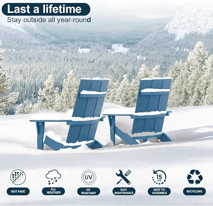 MXIMU Modern Adirondack Chairs Set of 4 Weather Resistant with Cup Holder Oversize Plastic Fire Pit Chairs Plastic Outdoor Chairs for Firepit Area Seating (Blue)