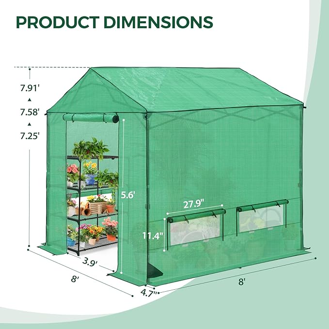 8x8 Pop Up Walk-in Greenhouse, Indoor & Outdoor PE Cover Green House with Power Access Ports, Roll-up Zippered Doors and Windows, Green
