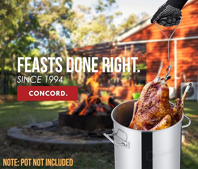 CONCORD 6 Piece Stainless Steel Turkey Fryer Kit. Frying Accessories Includes: Rack, Lifter, Thermometer, Gloves, and Turkey Slicer Knife