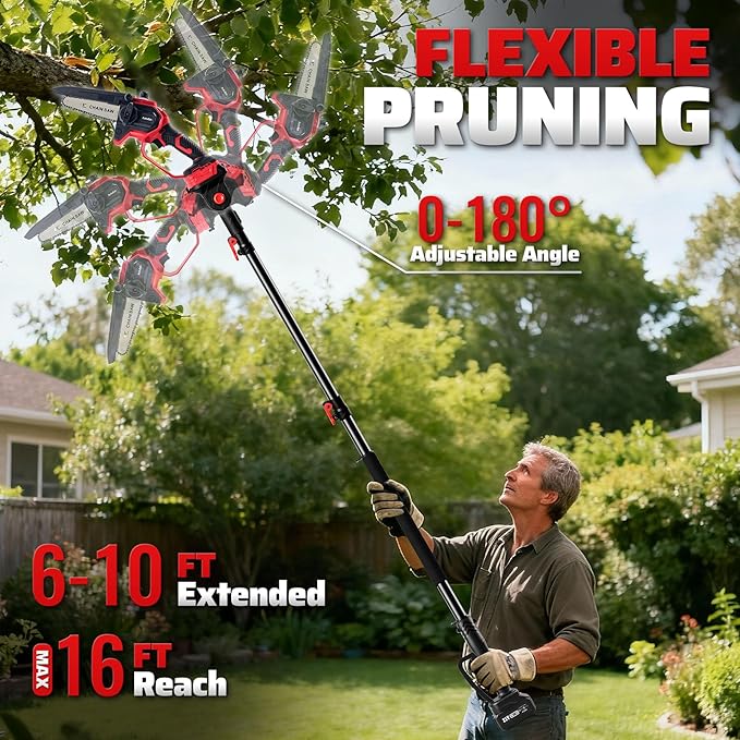 Autubin 6'' Cordless 2-in 1 Pole Saw Mini Chainsaw, Extendable Electric Pole Saw for Tree Trimming, Brushless Motor, Battery Operated with 2*4.0Ah Batteries&Charger, Extension Pole for 16 FT Max Reach