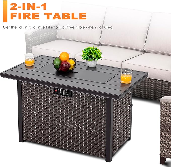 Nuu Garden 43" Propane Fire Pit Table, 50,000 BTU CSA Certified Outdoor Gas Fire Pit with Aluminum Tabletop, Removable Lid, 7 lbs Glass Rocks & Waterproof Oxford Cover, Brown