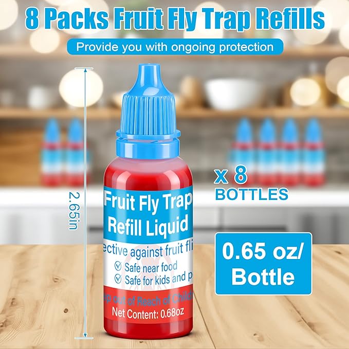 Fruit Fly Trap Refills Liquid Only, 8 Pack for Indoors, Refill Liquid for Gnats Fruit Fly and Mosquito Traps, Fruit Bait Home, Kitchen, Safe Near Pets and Food
