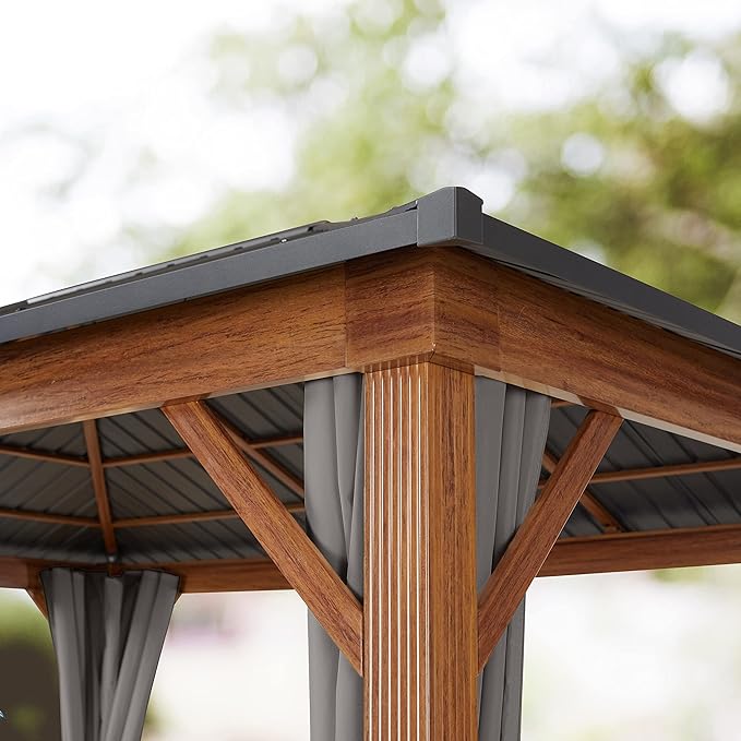 TOOLPORT Hardtop Gazebo 13x13 ft - Wood-Effect Finish - Steel Roof - 4 Side Panels in Gray