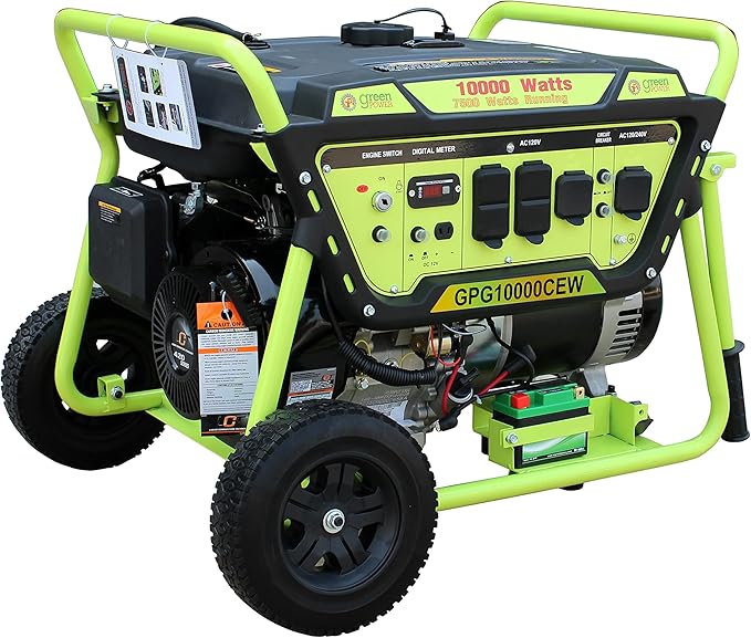 Green-Power America 10000 Watt Home Backup Portable Electrical Start Gasoline Generator, with Wheel and Handles, 12V/8.3A Charging Outlets, EPA and CARB Approved
