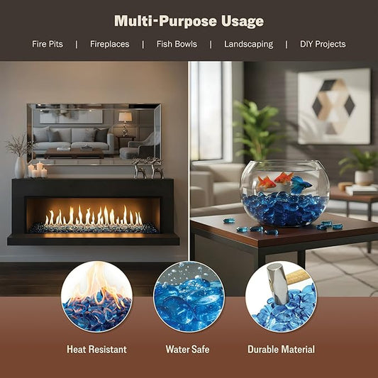 Kinger Home 10-Pound Fire Pit Glass Beads Pebbles Stones Reflective Oval Rocks for Natural or Propane Fire Pit and Landscaping Decorative, Blue